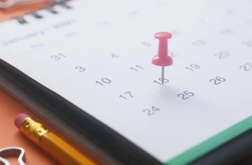 A close-up of a calendar page with a pink push pin, pencil, and binder clip on an orange background.